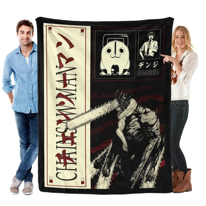 Chainsaw Man Manga Theme Flannel Fleece Blanket - Fluffy Cozy, Soft Warm, Anti-Pilling, Wrinkle-Resistant, Vibrant Cartoon Character Print Denji & Pochita, Multi-Size All-Season Indoor/Outdoor AC Bedding Gift for Manga Fans, Fluffy Cozy Blankets