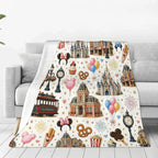 DISNEY CLASSIC [2026 New] Magic Park Main Street Flannel Throw Blanket,All-Over Print Castle Trolley Balloons Park Snacks Clock Lamp Post Fireworks Pastel Cute Cozy Fleece Blanket for Fan Gift