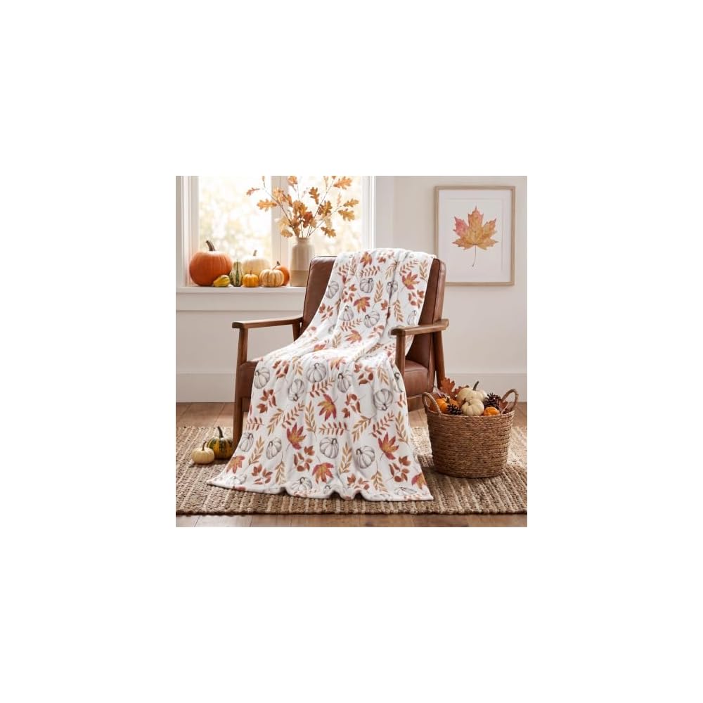 Fall White Pumpkin Orange Leaves Flannel Throw Blanket 60x80