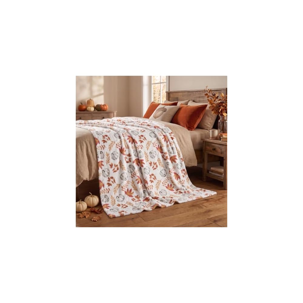 Fall White Pumpkin Orange Leaves Flannel Throw Blanket 60x80