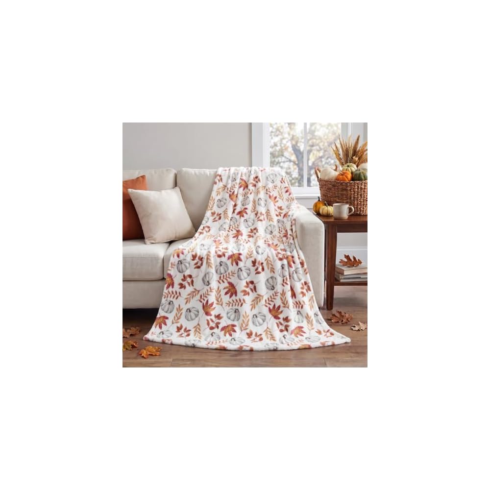 Fall White Pumpkin Orange Leaves Flannel Throw Blanket 60x80