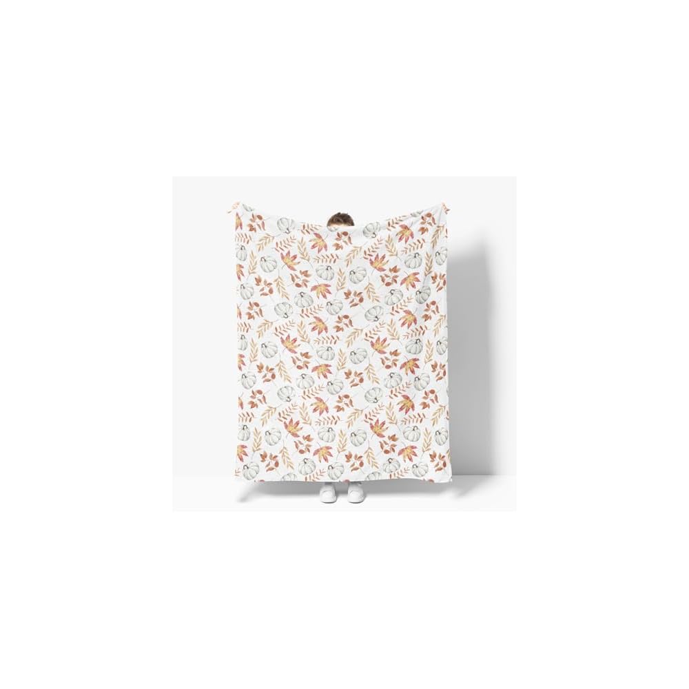 Fall White Pumpkin Orange Leaves Flannel Throw Blanket 60x80