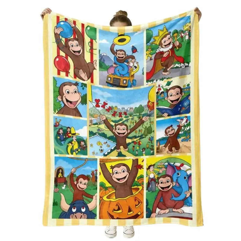 Curious George Multi-Scene Adventure Flannel Blanket Ultra Soft Cozy Plush Throw Blanket for Kids and Adults Comic-Themed Design for Bed Sofa Couch Bedroom Dorm Travel Home Decor Birthday Gift Fun Cartoon Blanket
