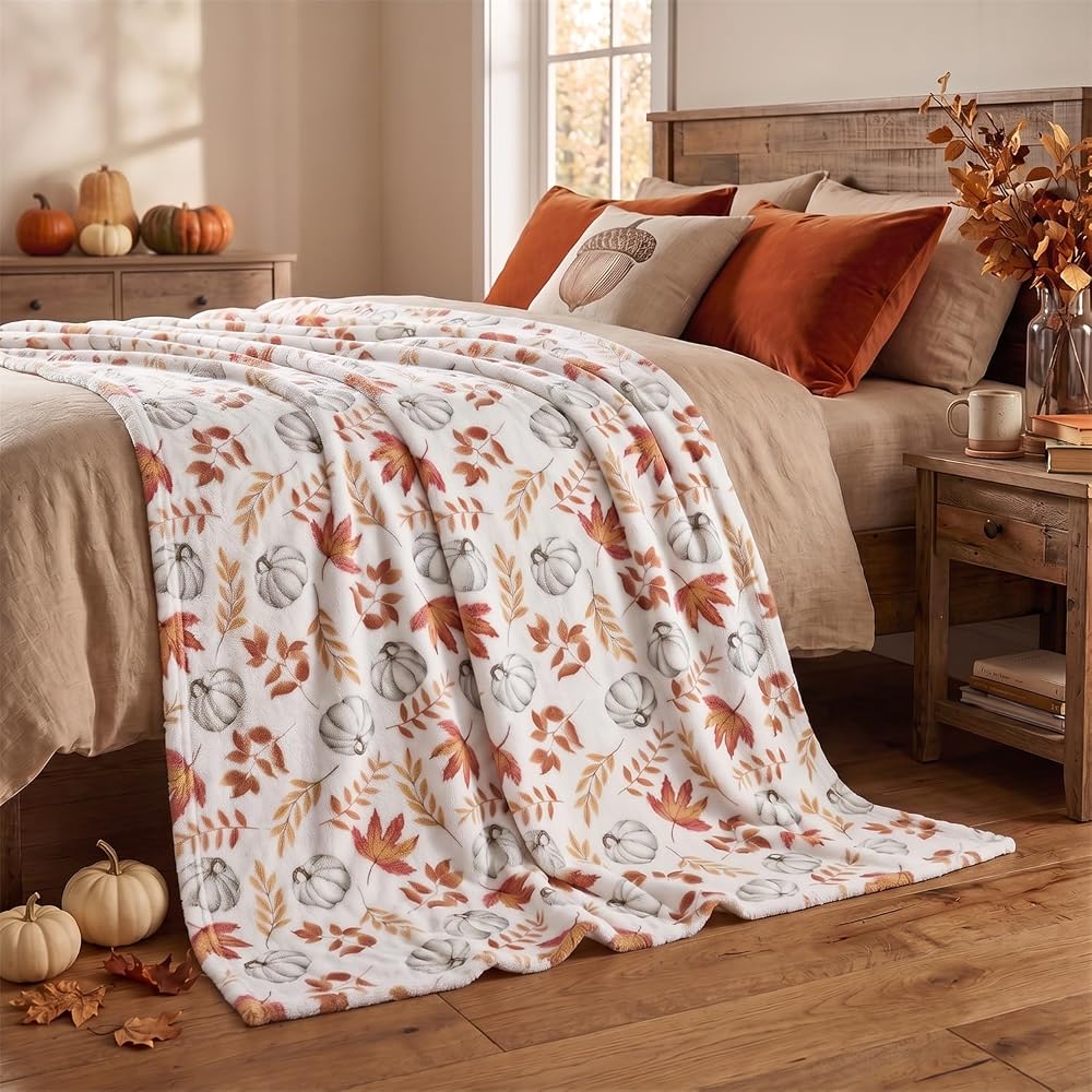 Fall White Pumpkin Orange Leaves Flannel Throw Blanket 60x80