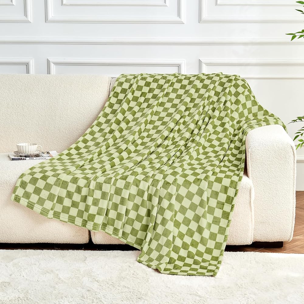 Checkered Flannel Fleece Throw Blanket Soft Cozy Checkerboard Grid Print Chessboard Gingham Pattern Blankets for Bed Couch Sofa, 50"x60", Sage Green